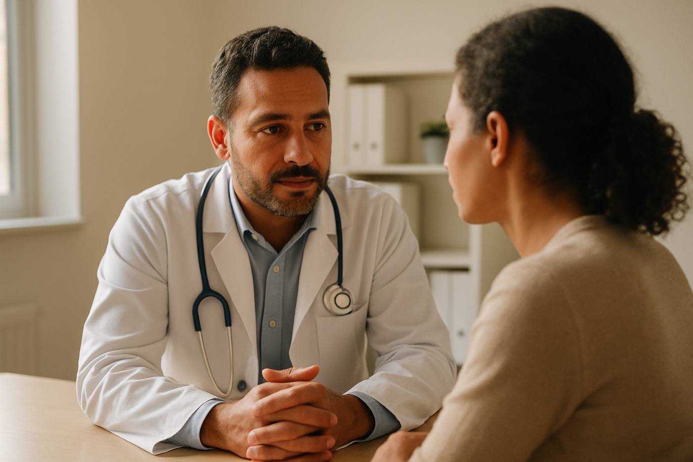 Médico atendendo e olhando nos olhos da paciente